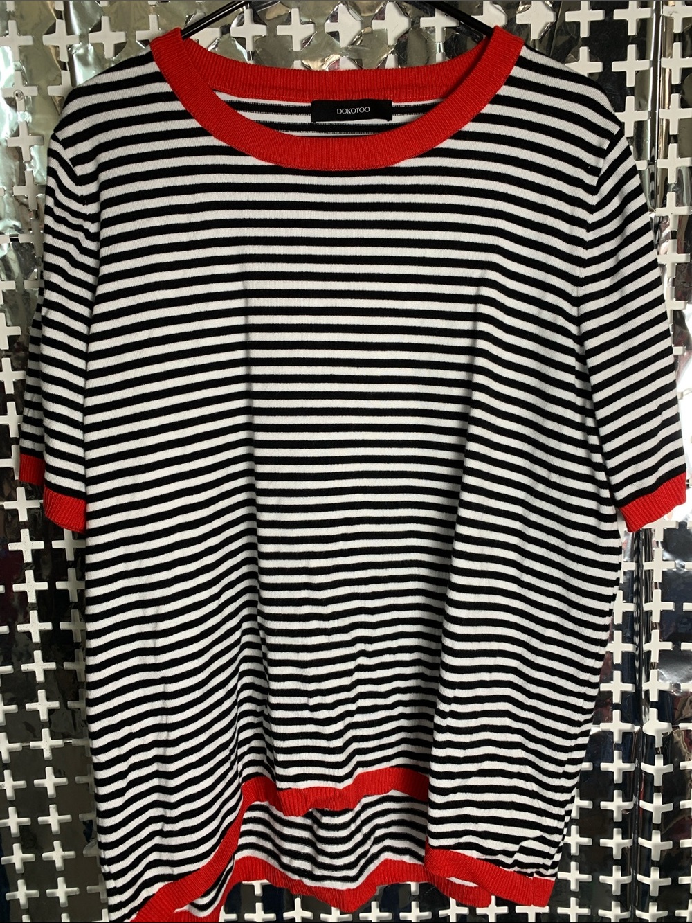 Dokotoo Black & White Striped Short Sleeve Top with Red Trim